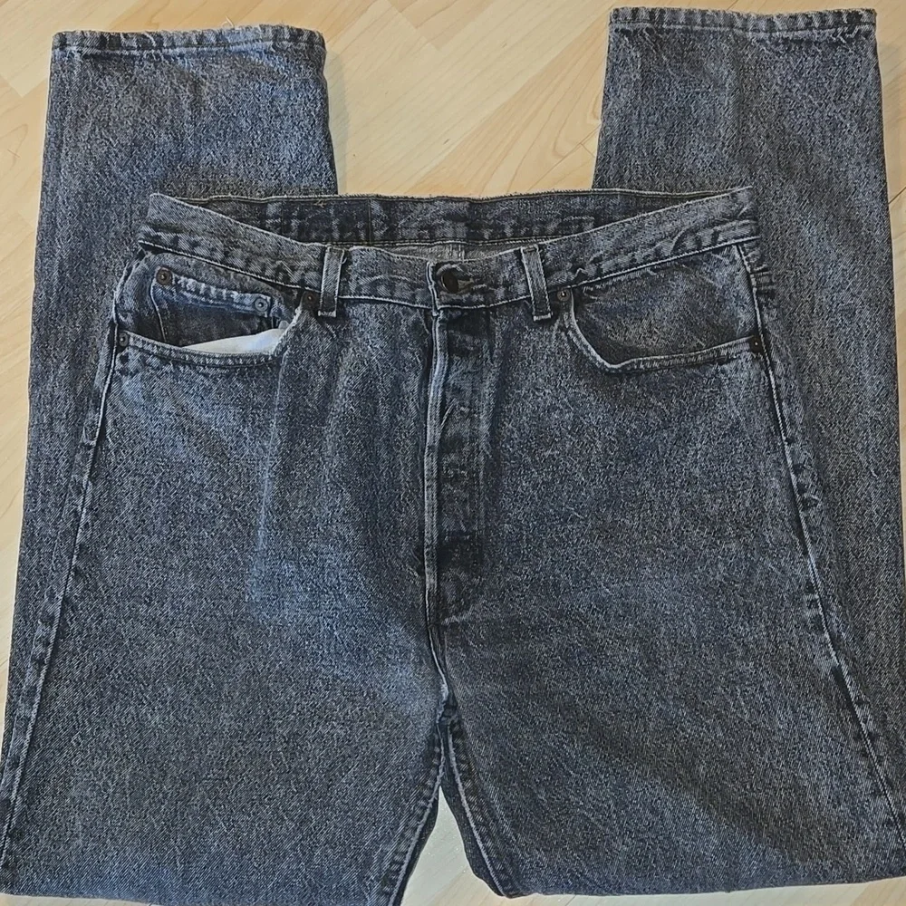 Vintage Levi 501 Button Fly Black Wash Jeans 38x32 Usa Made Ripped Crotch - Picture 5 of 16